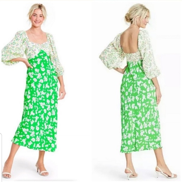 RIXO x Target Colab Green White Floral YTK Midi Dress Peasant Cottagecore Boho 0 - Picture 1 of 13